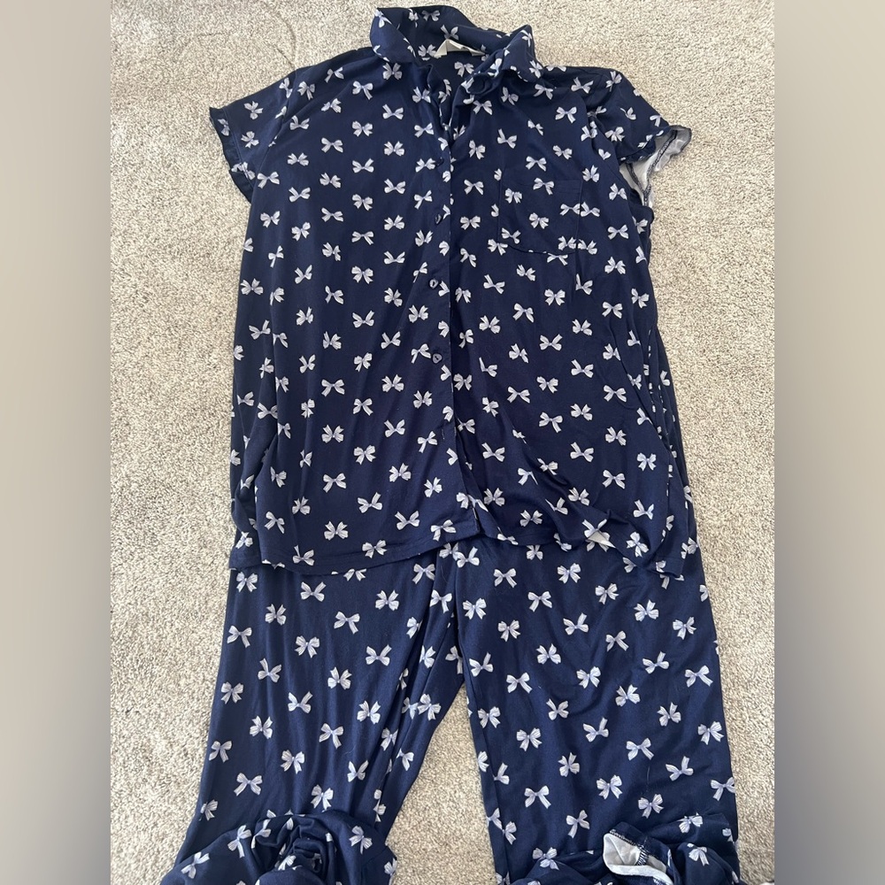 Laura Ashley Navy Pajama Set with Bow Pattern